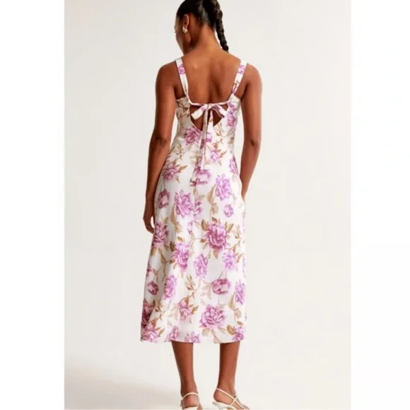 Abercrombie & Fitch Floral Midi Dress Bow Back Pink Cream Size Large NWT - Picture 4 of 9
